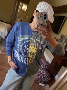 Cut & paste Graphic Long Sleeve Tee in Blue with Yellow Print
